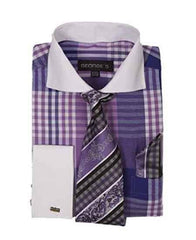 Purple Window Pane Pattern French Cuffed Men'S Dress Shirt