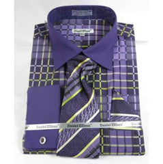 Purple French Cuff With Collar Window Pane Pattern Men'S Dress Shirt