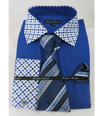 Royal Blue Solid Body With Poka-A-Dot Collar French Cuff Men'S Dress Shirt