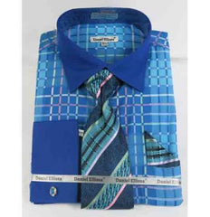 Mens Turquoise Dress Shirt Turquoise Blue Window Pane Pattern French Cuff With Collar Men'S Dress Shirt