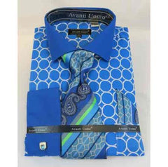 Mens Turquoise Dress Shirt Interlocking Ring Pattern Cotton Turquoise French Cuff Men's Dress Shirt