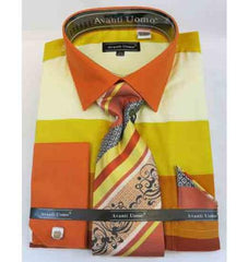 Men'S French Cuff Cotton Colored Block Pattern Yellow Multi Dress Shirt