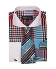 Aqua ~ Turquoise Color Plaid Window Pane Pattern Long Sleeve French Cuffed White Collar Two Toned Contrast Tie Set Men'S Dress Shirt