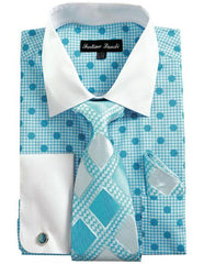 White Collared French Cuffed Blue & Tie Set Men's Dress Shirt