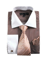 White Collared French Cuffed Brown Shirt & Tie Set Men'S Dress Shirt