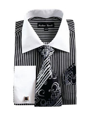 White Collared French Cuffed Dress Black & Tie Set Men'S Dress Shirt