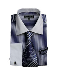 Men'S White Collared French Cuffed Navy Dress Shirt & Tie Set