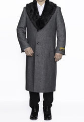 Men's Grey Full Length Wool Dress Top Coat / Overcoat