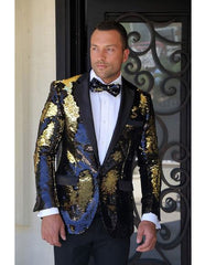 Men'S Gold Fashion Paisley Print Tuxedo Sequin ~ Shiny ~ Flashy ~ Shark Skin Blazer Dinner Jacket