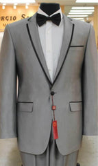 Grey~Gray 2 Button Collar Or Formal Suit & Dinner Jacker Or Blazer With Black Edge Trim Fashion Tuxedo For Men SA-M141s