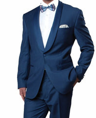 (36R, 38R, 46R, 48L) Blue Slim Fit Tuxedo With Satin Shawl Lapel 1 Button