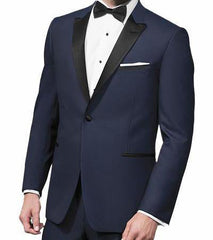 (34S, 38R, 38L, 38S, 42R, 42L) Navy Slim Fit Tuxedo 2 Piece with Satin Peak Lapel