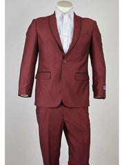 Men'S Maroon 1 Button Black Trim Shawl Lapel Slim Fit Suit