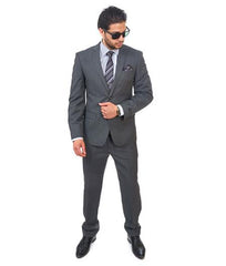 Men Suit 2 Button Dark Grey  Slim Fit Double Vent Flat Front Pants  - Dress Suit For Men