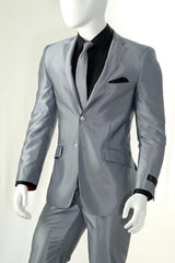 Men'S Shiny Silver Gray ~ Grey Light Flashy Slim Look Cheap Priced Business Suits Clearance Sale Men'S Sharkskin Suit