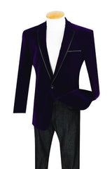 Men'S 1 Button Purple Velour Dinner Jacket Sport Coat With Trim Fashion Tuxedo For Men