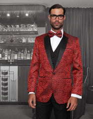 Men's Floral Designed Black  Red~Black tuxedo dinner jacket - Red Tuxedo