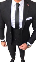 Slim Fit 2 button Black Suit With Double Breasted Vest White Shirt & Black tie  Men's Dress Shirt