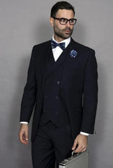 Mens Statement Suit Confidence Suit Men's Italian Double Breasted Vest Dark Navy 3 Piece Wool With Pleated Pant