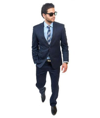 Notch Lapel Slim Fit 2 Button Suit Cotton Blend Solid Dark Navy Blue Suit For Men