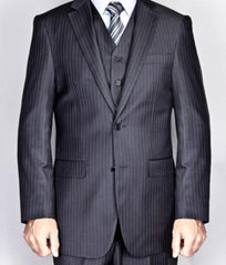 Mens Three Piece Suit - Vested Suit Mens Black Pinstripe 2-Button Vested Suit