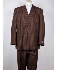 Men's Classic Fit Double Breasted Pinstripe 6 Button Peak Lapel Brown Suit