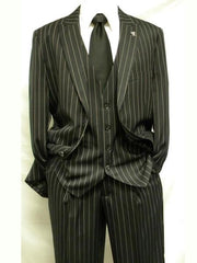 Men'S Black And White Gangster Bold PinStripe Mars Vested 3 Piece Fashion Suit