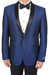 Men'S Blue 1 Button Tuxedo Solid Pattern Viscose Blend Dinner Jacket