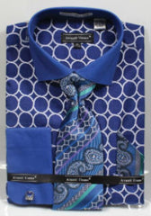 Avanti Uomo Printed Pattern French Cuff Blue Men's Dress Shirt