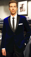 Velvet Velour Men'S Blazer Formal Dark Blue Sport Coat Two Tone Trimming Notch Collar