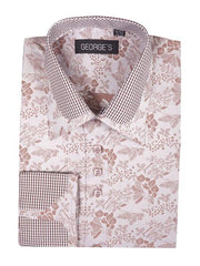 Men's Brown Cotton Blend Classic Fit Floral Pattern Standard Cuff Shirt