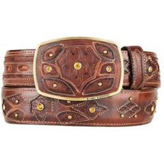 Men's Burnished Brown Original Ostrich Full Quill Skin Fashion Western Belt