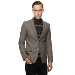 Men'S Skinny Cut Tweed Windowpane Pattern Brown And Grey Herringbone Tweed Blazer