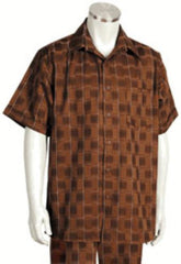 Men's Short Sleeve 2 piece Casual Mens Walking Suit Brown Checker