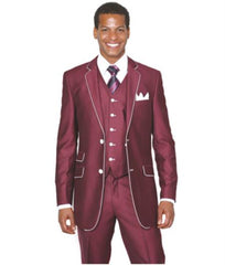 Slim Style   Milano Suits by Milano Moda Men's Burgundy ~ Wine ~ Maroon Suit  Shiny Flashy 3 Piece Burgundy Men's Sharkskin Suit