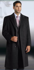 Single Breasted 3 Button Jet Black Men's Dress Coat Full Length Wool and Cashmere Men's Overcoat