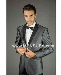 Men'S Charcoal Silver Grey Tux Gray Tuxedo ~ Wedding Black Lapel Groom Suit