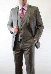 Men'S Slim Fitted Skinny Vested Three Piece Suit Plaid Window Pane Grey ~ Charcoal - Color: Dark Grey Suit