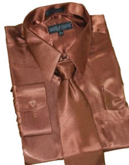 Fashion Cheap Priced Sale Satin Brown Dress Shirt Combinations Set Tie Hanky Men'S Dress Shirt