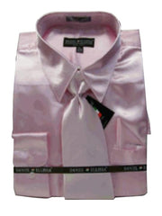 Fashion Cheap Priced Sale Men'S New Pink Satin Dress Shirt Combinations Set Tie Combo Shirts Men'S Dress Shirt