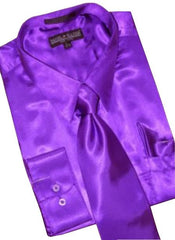 Fashion Cheap Priced Sale Satin Purple Dress Shirt Combinations Set Tie Hanky Men's Dress Shirt