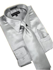 Fashion Cheap Priced Sale Satin Silver Grey Dress Shirt Combinations Tie Hanky Set Men's Dress Shirt