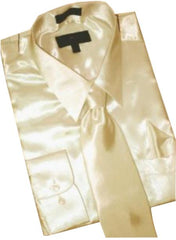 Fashion Cheap Priced Sale Satin Tan ~ Beige Dress Shirt Combinations Set Tie Hanky Men's Dress Shirt