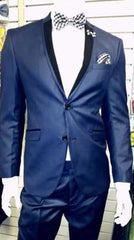 Shiny Dark Navy ~ Dark Royal Blue Tuxedo 2 Button Black Lapel Slim Dress Suits For Men ( Tuxedo Looking Two Toned )