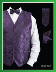 Men's Groomsmen Dress Tuxedo Wedding Vest ~ Waistcoat ~ Waist coat  Set (Bow Tie, Neck Tie, Hanky) - P A I S L E Y Design Purple Four Piece - Men's Neck Ties - Mens Dress Tie - Trendy Mens Ties