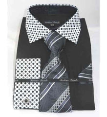 Solid Body With Poka-A-Dot Collar Black French Cuff Men'S Dress Shirt