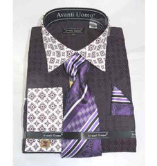 French Cuff Bird Pattern With Contrasting Collar Purple Men'S Dress Shirt