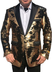 Gold Shiny Black Peak Lapel Paisley Look Fashion Tuxedo Sport Coat Jacket