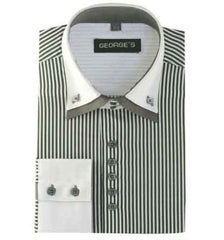 Gray Men'S Long Sleeve Two Tone Striped White Collar Two Toned Contrast White Collared Contrast Men'S Dress Shirt