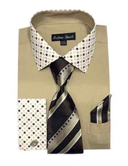 Fashionable Khaki Solid/Polka Dot Pattern With Tie & Hanky French Cuff Men's Dress Shirt